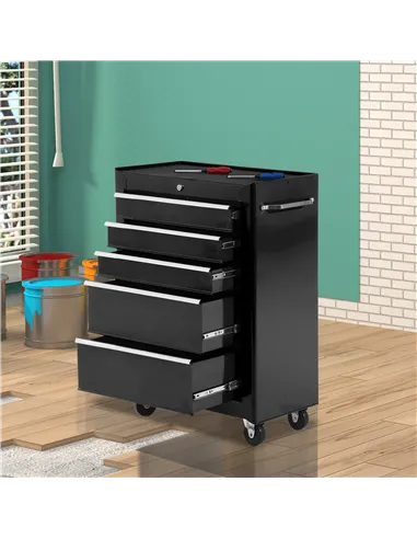 HOMCOM 5-Drawer Tool Chest, Lockable Steel Tool Storage Cabinet with Wheels and Handle Tool Box for Garage, Workshop, Black