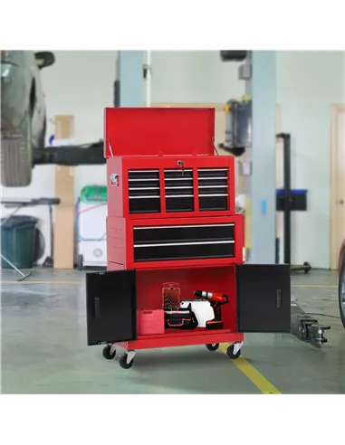 HOMCOM Tool Chest, Metal Tool Cabinet on Wheels with 6 Drawers, Pegboard, Top Chest and Roller Cabinet Combo, 61.6 x 33 x 108cm,