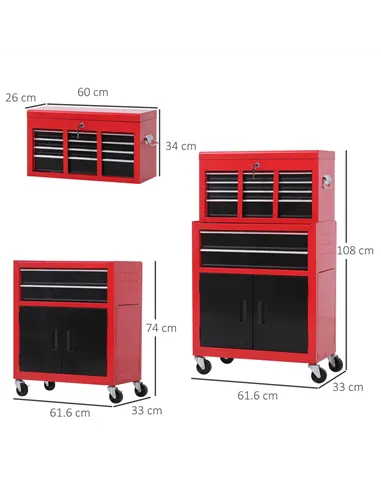 HOMCOM Tool Chest, Metal Tool Cabinet on Wheels with 6 Drawers, Pegboard, Top Chest and Roller Cabinet Combo, 61.6 x 33 x 108cm,
