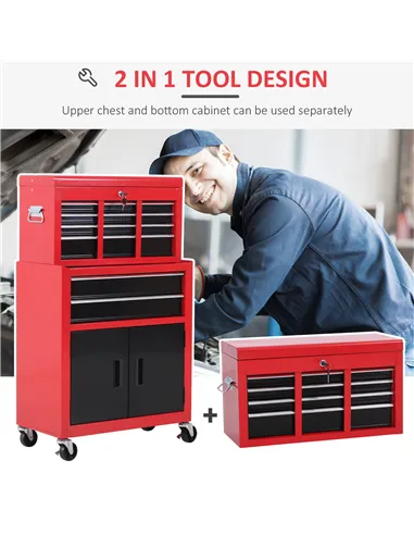 HOMCOM Tool Chest, Metal Tool Cabinet on Wheels with 6 Drawers, Pegboard, Top Chest and Roller Cabinet Combo, 61.6 x 33 x 108cm,