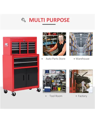 HOMCOM Tool Chest, Metal Tool Cabinet on Wheels with 6 Drawers, Pegboard, Top Chest and Roller Cabinet Combo, 61.6 x 33 x 108cm,