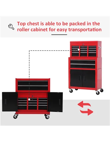 HOMCOM Tool Chest, Metal Tool Cabinet on Wheels with 6 Drawers, Pegboard, Top Chest and Roller Cabinet Combo, 61.6 x 33 x 108cm,