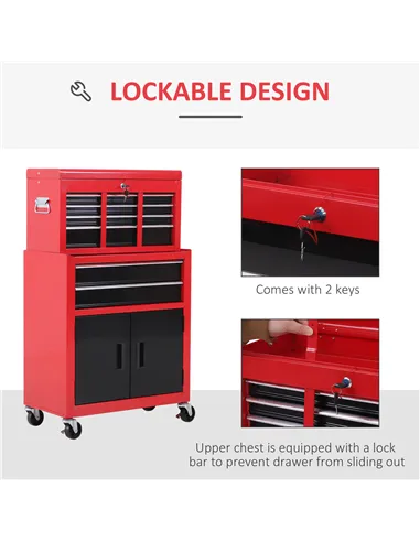 HOMCOM Tool Chest, Metal Tool Cabinet on Wheels with 6 Drawers, Pegboard, Top Chest and Roller Cabinet Combo, 61.6 x 33 x 108cm,