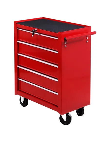 HOMCOM 5 Drawer Tool Chest on Wheels, Lockable Steel Tool Trolley with Side Handle for Workshop, Garage, Red