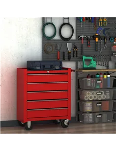 HOMCOM 5 Drawer Tool Chest on Wheels, Lockable Steel Tool Trolley with Side Handle for Workshop, Garage, Red 2