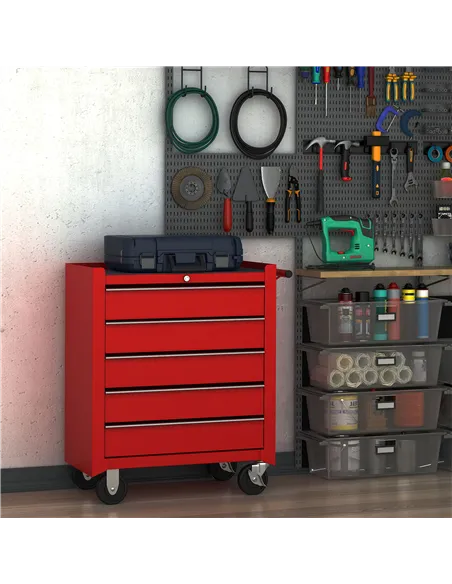 HOMCOM 5 Drawer Tool Chest on Wheels, Lockable Steel Tool Trolley with Side Handle for Workshop, Garage, Red