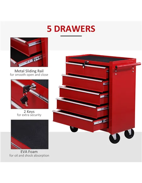 HOMCOM 5 Drawer Tool Chest on Wheels, Lockable Steel Tool Trolley with Side Handle for Workshop, Garage, Red