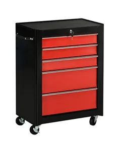 HOMCOM 5-Drawer Tool Chest, Lockable Steel Tool Storage Cabinet with Wheels and Handle Tool Box for Garage, Workshop, Red