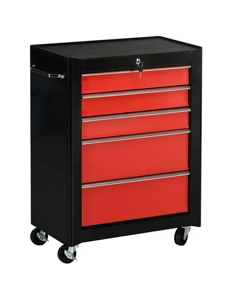 HOMCOM 5-Drawer Tool Chest, Lockable Steel Tool Storage Cabinet with Wheels and Handle Tool Box for Garage, Workshop, Red