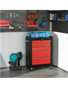 HOMCOM 5-Drawer Tool Chest, Lockable Steel Tool Storage Cabinet with Wheels and Handle Tool Box for Garage, Workshop, Red 2