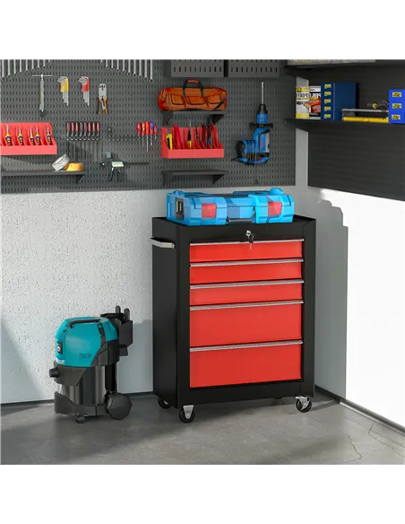 HOMCOM 5-Drawer Tool Chest, Lockable Steel Tool Storage Cabinet with Wheels and Handle Tool Box for Garage, Workshop, Red
