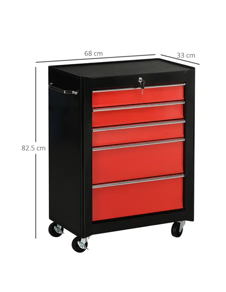 HOMCOM 5-Drawer Tool Chest, Lockable Steel Tool Storage Cabinet with Wheels and Handle Tool Box for Garage, Workshop, Red