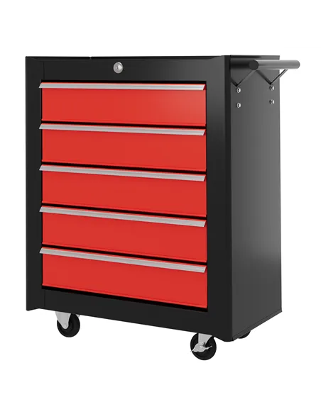 HOMCOM 5-Drawer Tool Chest with Wheels, Steel Lockable Tool Storage Cabinet with Handle, 2 Keys for Garage, Workshop, Red