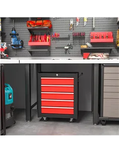 HOMCOM 5-Drawer Tool Chest with Wheels, Steel Lockable Tool Storage Cabinet with Handle, 2 Keys for Garage, Workshop, Red 2