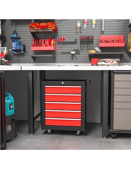 HOMCOM 5-Drawer Tool Chest with Wheels, Steel Lockable Tool Storage Cabinet with Handle, 2 Keys for Garage, Workshop, Red