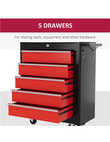 HOMCOM 5-Drawer Tool Chest with Wheels, Steel Lockable Tool Storage Cabinet with Handle, 2 Keys for Garage, Workshop, Red