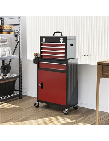 HOMCOM Two-Part Tool Storage Chest on Wheels - Black/Red