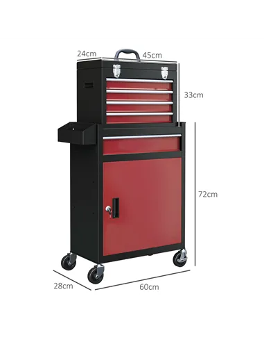 HOMCOM Two-Part Tool Storage Chest on Wheels - Black/Red