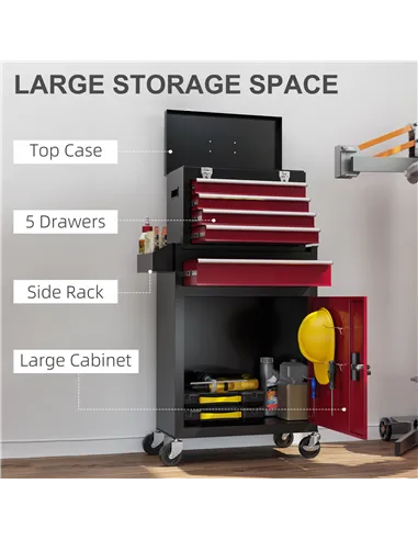 HOMCOM Two-Part Tool Storage Chest on Wheels - Black/Red