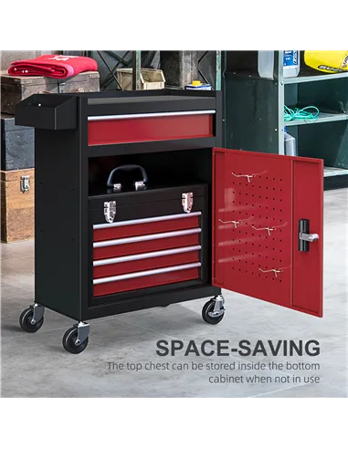 HOMCOM Two-Part Tool Storage Chest on Wheels - Black/Red