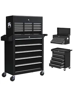 HOMCOM 14 Drawer, Two-Part Tool Storage Chest on Wheels - Black