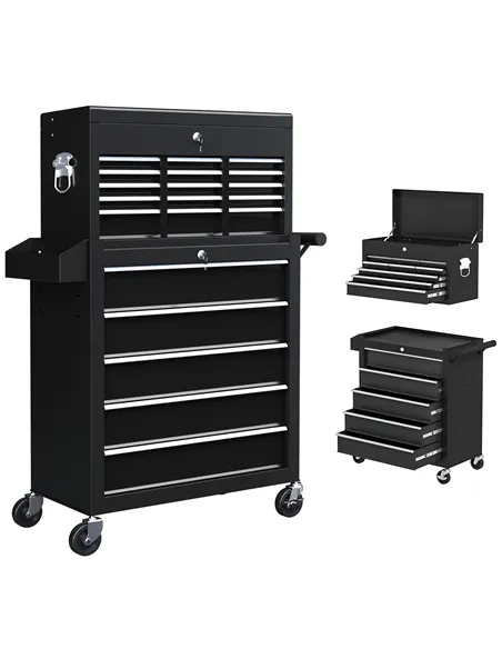 HOMCOM 14 Drawer, Two-Part Tool Storage Chest on Wheels - Black