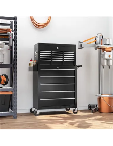 HOMCOM 14 Drawer, Two-Part Tool Storage Chest on Wheels - Black