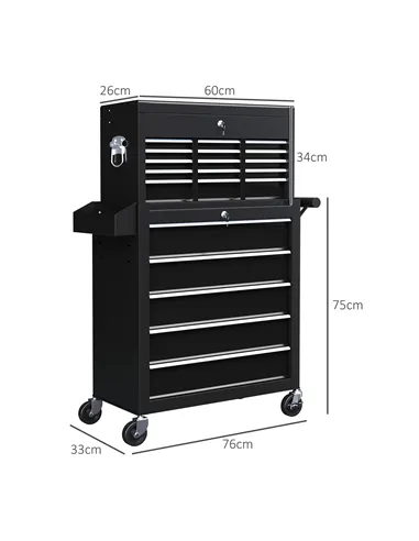 HOMCOM 14 Drawer, Two-Part Tool Storage Chest on Wheels - Black