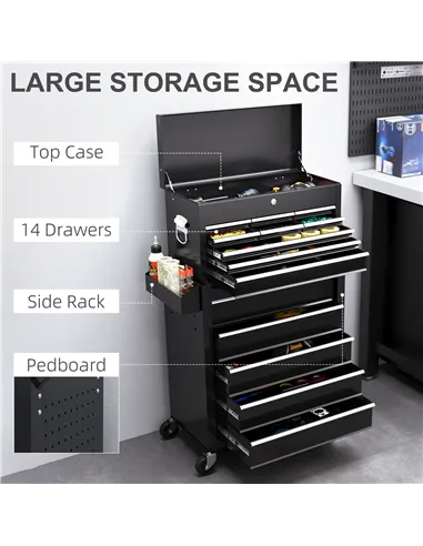 HOMCOM 14 Drawer, Two-Part Tool Storage Chest on Wheels - Black