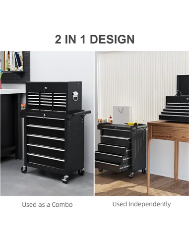 HOMCOM 14 Drawer, Two-Part Tool Storage Chest on Wheels - Black