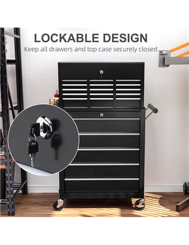 HOMCOM 14 Drawer, Two-Part Tool Storage Chest on Wheels - Black