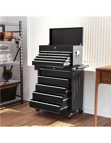 HOMCOM 14 Drawer, Two-Part Tool Storage Chest on Wheels - Black