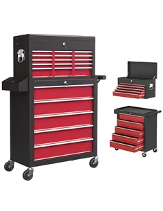 HOMCOM 14 Drawer, Two-Part Tool Storage Chest on Wheels - Red