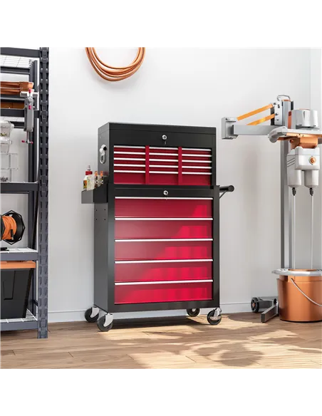 HOMCOM 14 Drawer, Two-Part Tool Storage Chest on Wheels - Red
