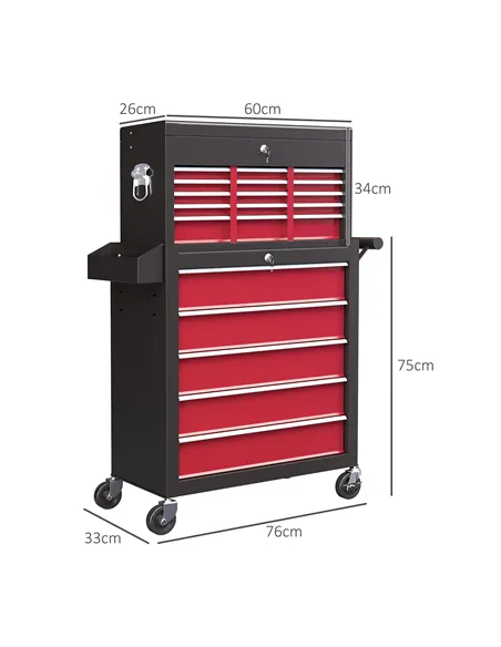 HOMCOM 14 Drawer, Two-Part Tool Storage Chest on Wheels - Red