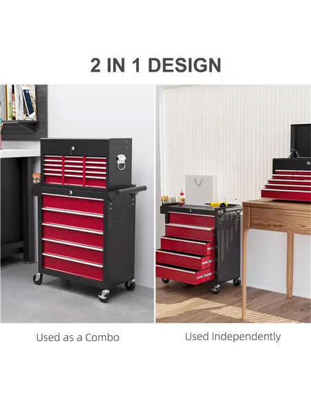 HOMCOM 14 Drawer, Two-Part Tool Storage Chest on Wheels - Red