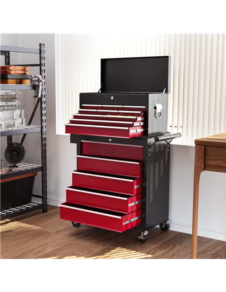HOMCOM 14 Drawer, Two-Part Tool Storage Chest on Wheels - Red