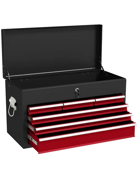 HOMCOM Steel Six Drawer Tool Storage Carry Chest, with Lock and Keys - Red