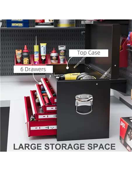 HOMCOM Steel Six Drawer Tool Storage Carry Chest, with Lock and Keys - Red