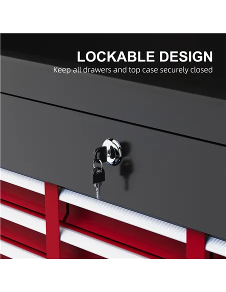 HOMCOM Steel Six Drawer Tool Storage Carry Chest, with Lock and Keys - Red
