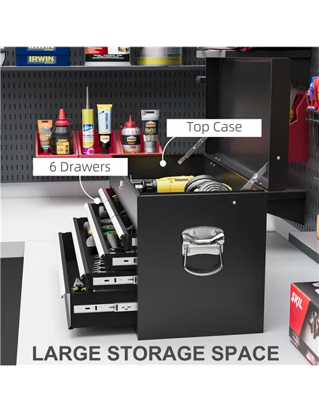 HOMCOM Steel Six Drawer Tool Storage Carry Chest, with Lock and Keys - Black
