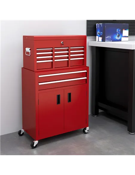 HOMCOM Portable Tool Box, Metal Tool Chest on Wheels with 6 Drawers for Garage and Workshop, Red