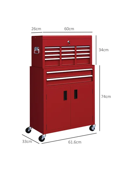 HOMCOM Portable Tool Box, Metal Tool Chest on Wheels with 6 Drawers for Garage and Workshop, Red