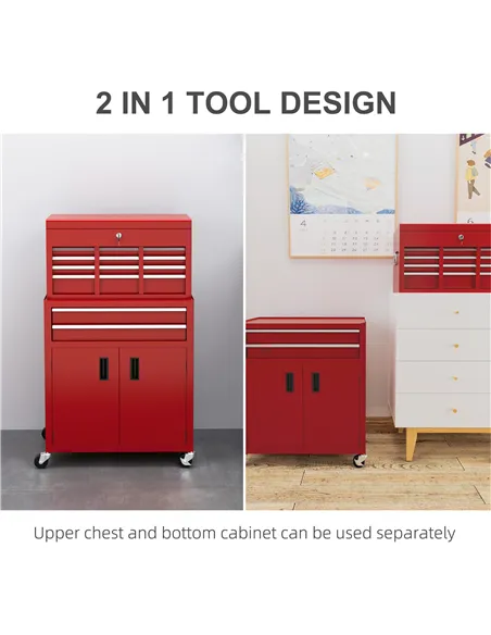 HOMCOM Portable Tool Box, Metal Tool Chest on Wheels with 6 Drawers for Garage and Workshop, Red