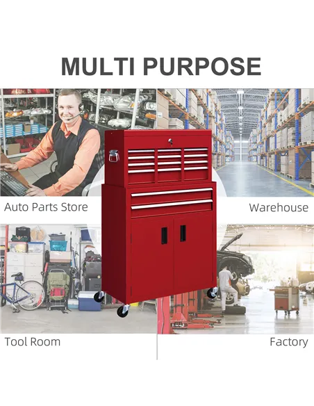 HOMCOM Portable Tool Box, Metal Tool Chest on Wheels with 6 Drawers for Garage and Workshop, Red