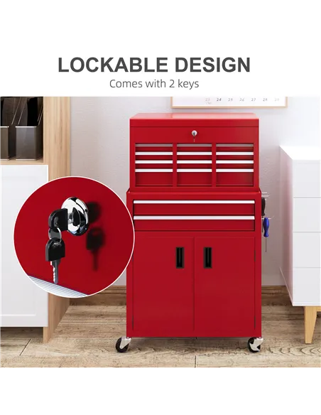 HOMCOM Portable Tool Box, Metal Tool Chest on Wheels with 6 Drawers for Garage and Workshop, Red