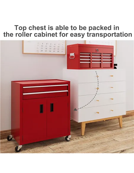 HOMCOM Portable Tool Box, Metal Tool Chest on Wheels with 6 Drawers for Garage and Workshop, Red