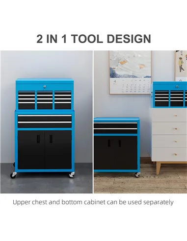 HOMCOM Portable Tool Box, Metal Tool Chest on Wheels with 6 Drawers for Garage and Workshop, Blue