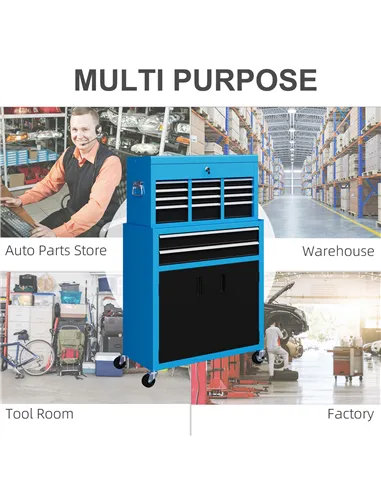 HOMCOM Portable Tool Box, Metal Tool Chest on Wheels with 6 Drawers for Garage and Workshop, Blue