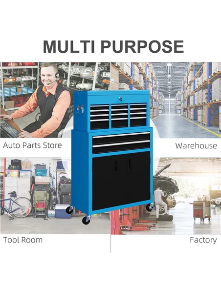 HOMCOM Portable Tool Box, Metal Tool Chest on Wheels with 6 Drawers for Garage and Workshop, Blue